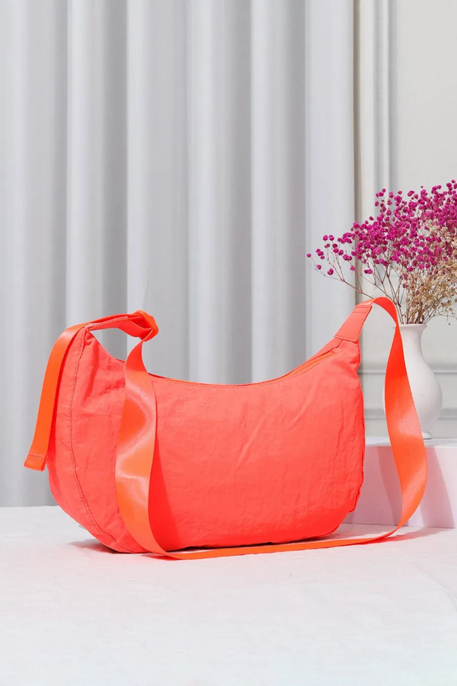 Neon Orange Solid Nylon Sling Bag / Crossbody Bag