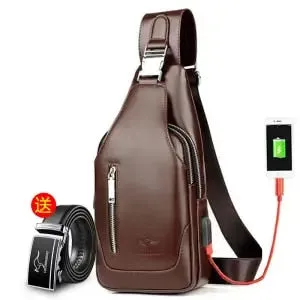 NEW  Men's Chest , Shoulder Bag / PU Leather Handbag with USB Charging High-quality Retro Leisure Travel Shoulder Bag