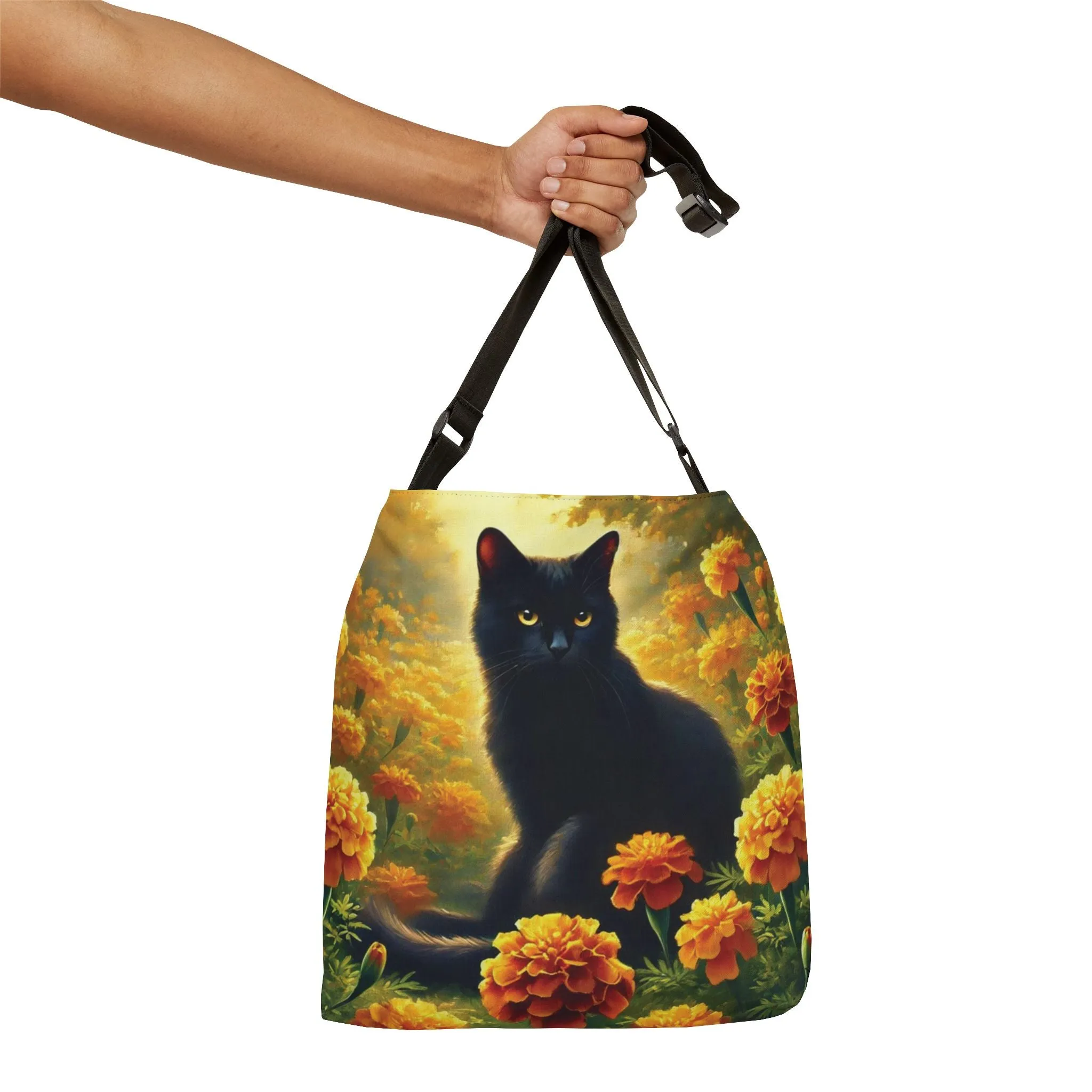 October Birth Flower - Marigolds - Cat Lover - Adjustable Strap Tote Bag