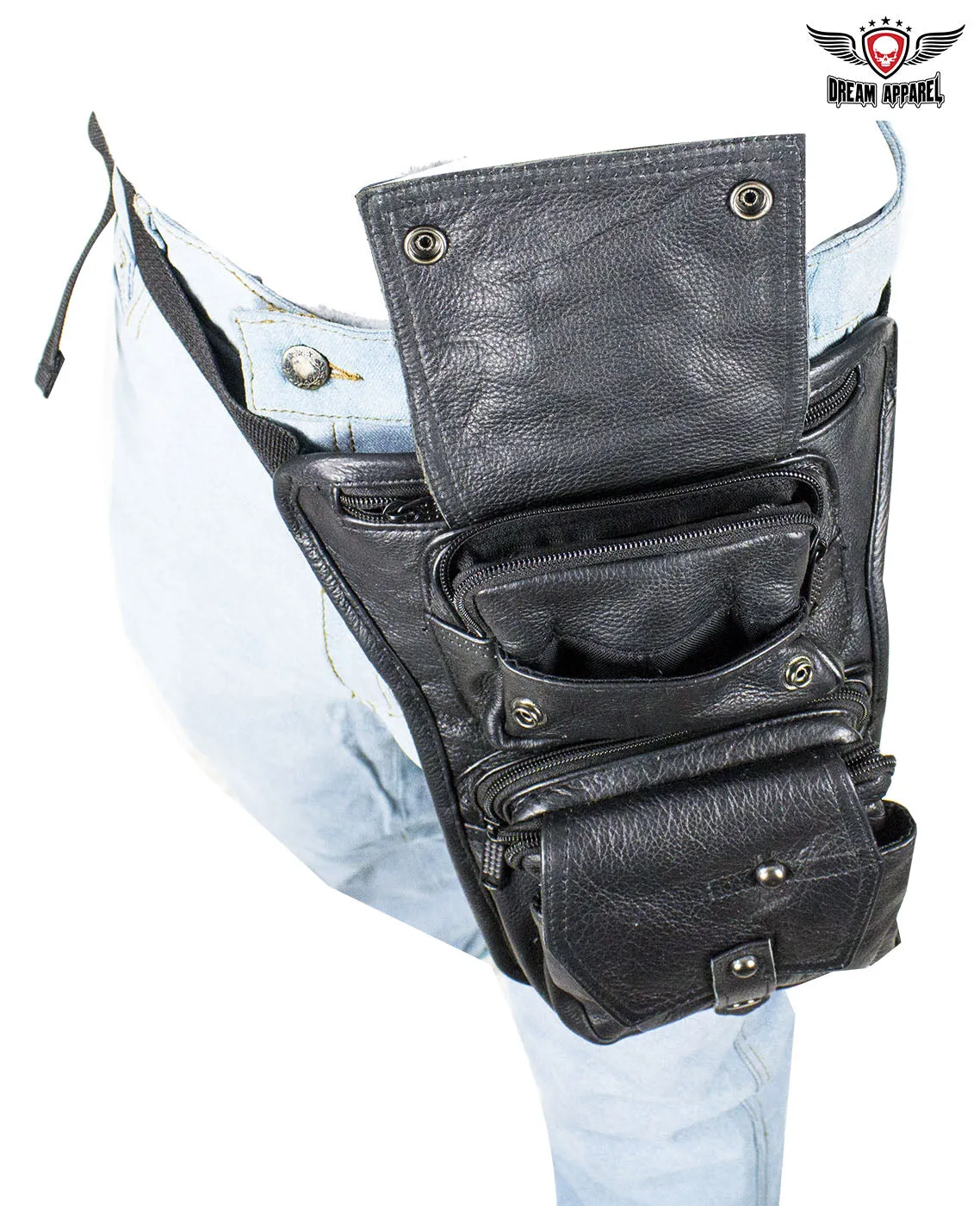 Premier Black Leather Multi Pocket Thigh Bags with Gun Pocket