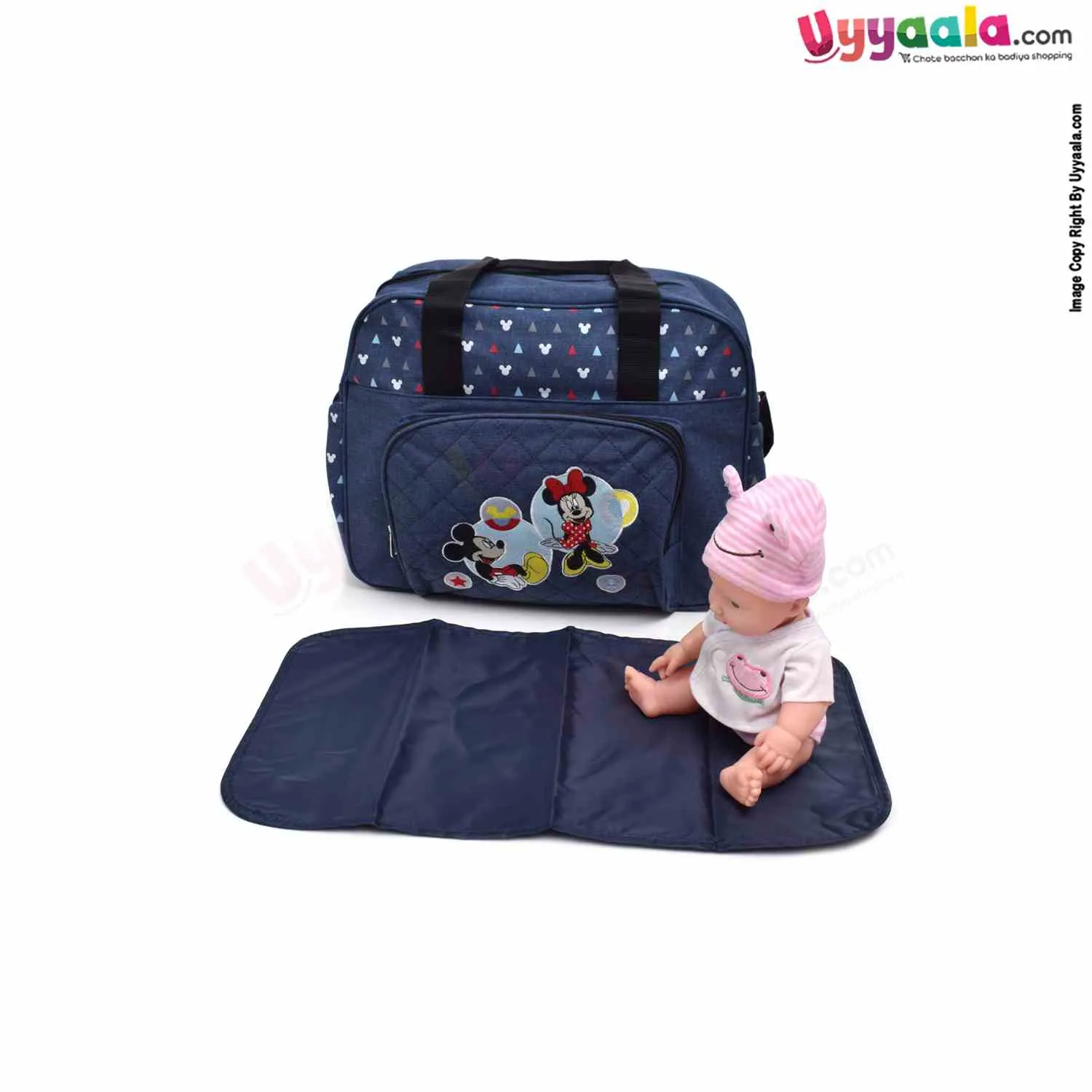 Premium Quality Multipurpose Mother Bag(Diaper Bag) with side Bottle Holder & Changing Mat, Mickey & Minnie Mouse Embroidery, Size(41*34cm) - Navy Blue