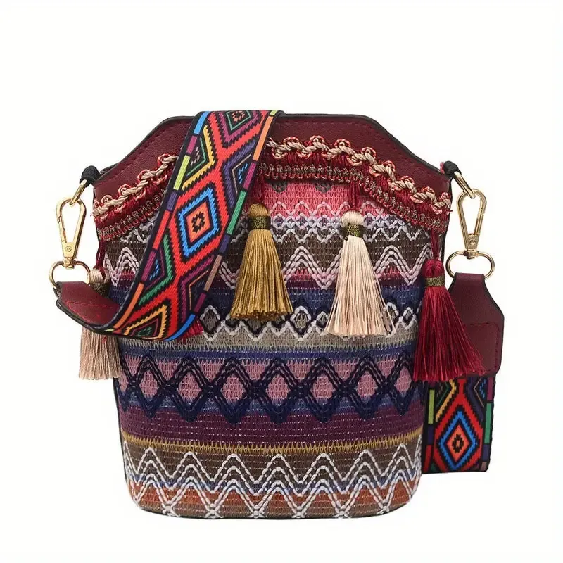 Sohiwoo Geometric Embroidery Bucket Bag Tassel Crossbody Shoulder Bag