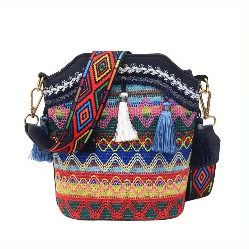 Sohiwoo Geometric Embroidery Bucket Bag Tassel Crossbody Shoulder Bag