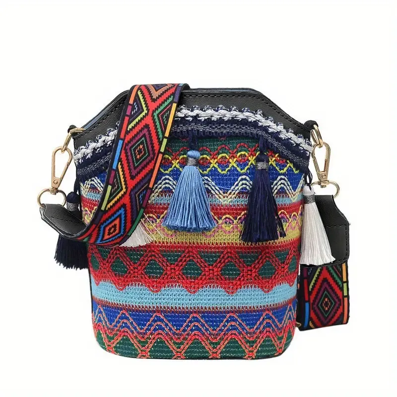 Sohiwoo Geometric Embroidery Bucket Bag Tassel Crossbody Shoulder Bag