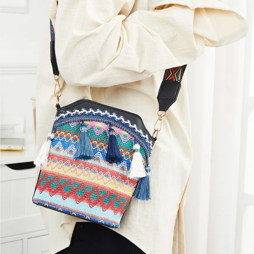 Sohiwoo Geometric Embroidery Bucket Bag Tassel Crossbody Shoulder Bag