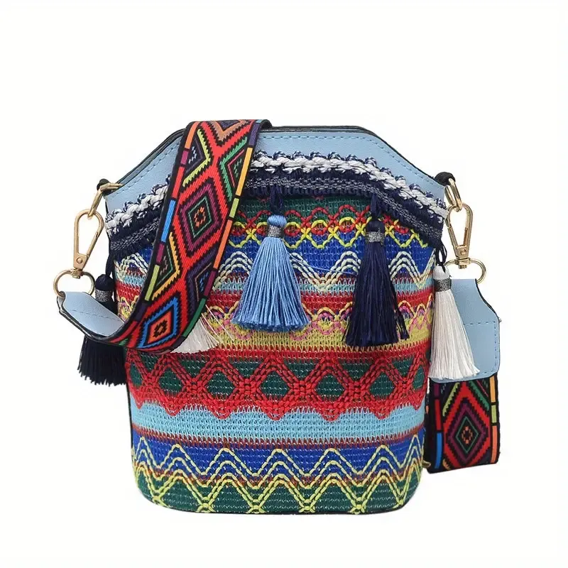 Sohiwoo Geometric Embroidery Bucket Bag Tassel Crossbody Shoulder Bag