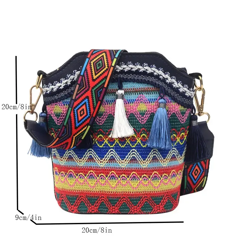 Sohiwoo Geometric Embroidery Bucket Bag Tassel Crossbody Shoulder Bag