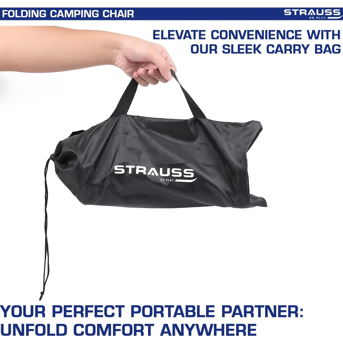 STRAUSS Portable Compact Folding Chair with Carry Bag | Portable Camping Chair with 4 Legs | Lightweight & Breathable | Perfect for Outdoor Camping, Beach, Picnics, and Hiking,(30 X 30 X 26 CM)