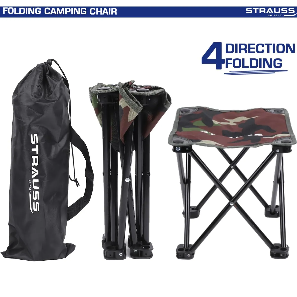 STRAUSS Portable Compact Folding Chair with Carry Bag | Portable Camping Chair with 4 Legs | Lightweight & Breathable | Perfect for Outdoor Camping, Beach, Picnics, and Hiking,(30 X 30 X 26 CM)