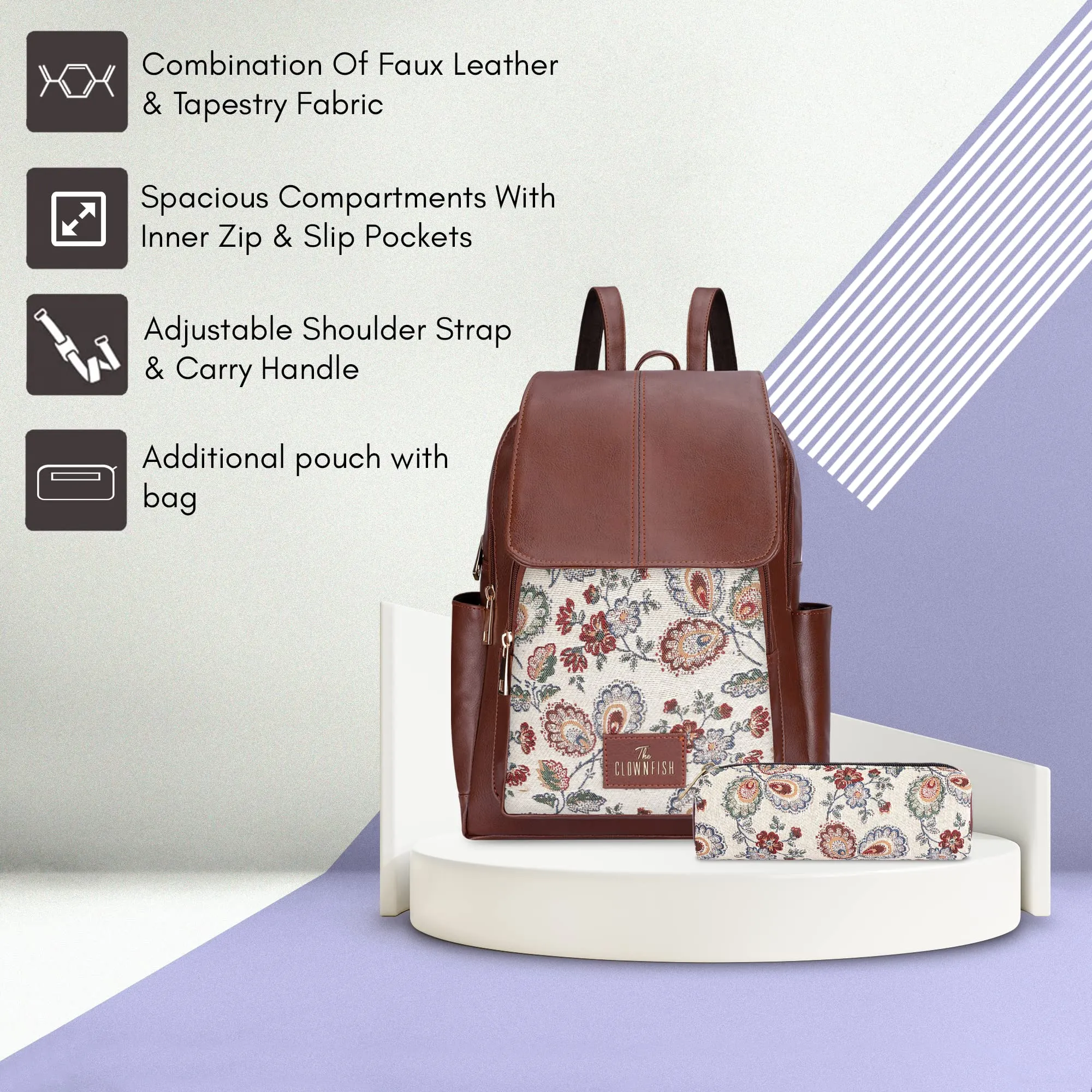 THE CLOWNFISH Combo Of Minerva Faux Leather & Tapestry Women's Backpack College School Girls Bag Casual Travel Backpack For Ladies & Expert Series Pencil Pouch Pen Case (Dark Brown-Floral)