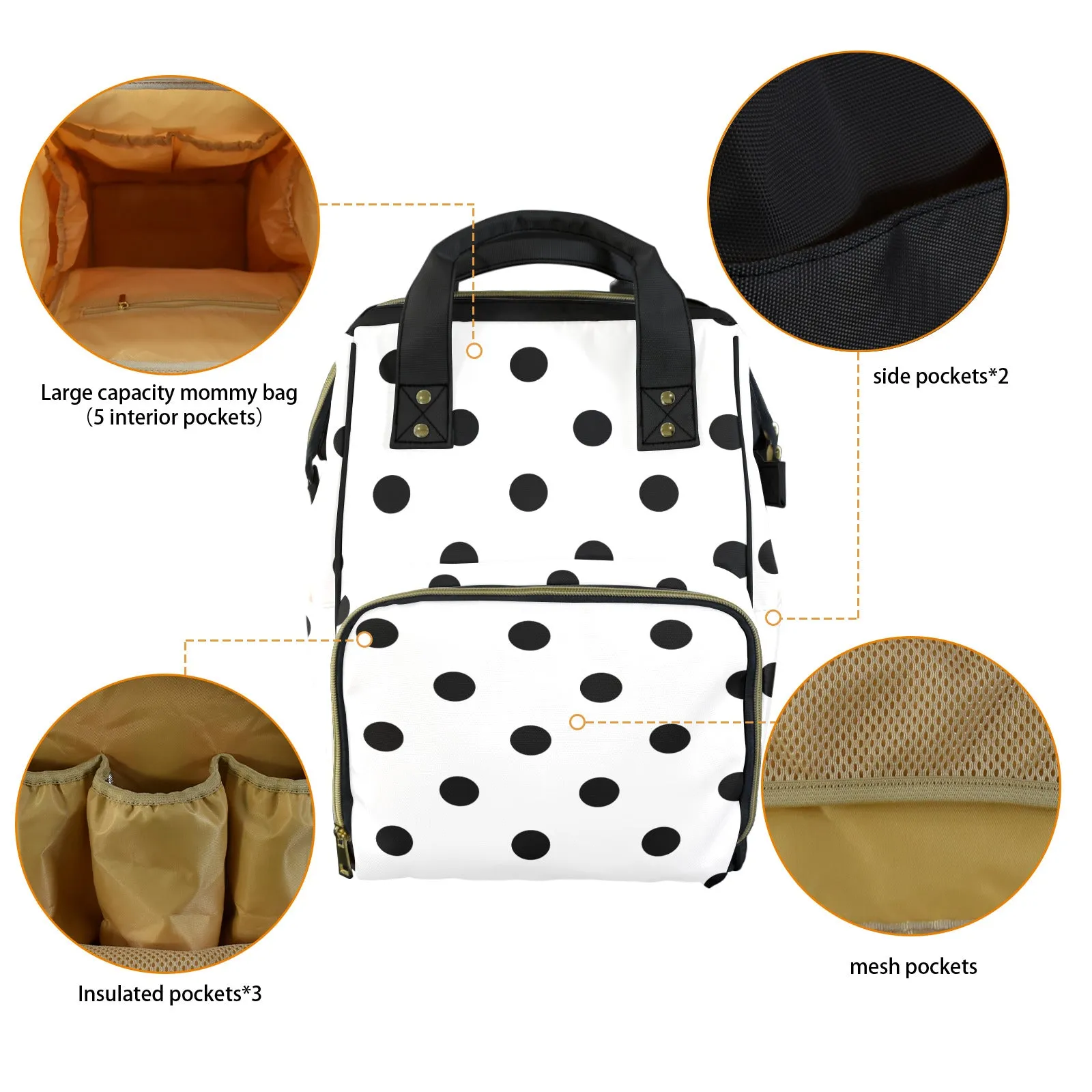 White With Black Polka Dots Multi-Function Diaper Bag