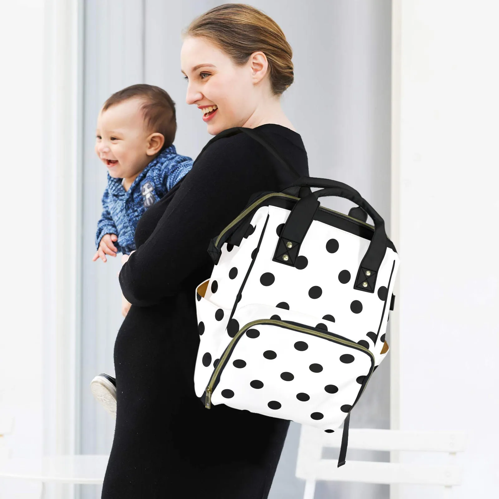 White With Black Polka Dots Multi-Function Diaper Bag