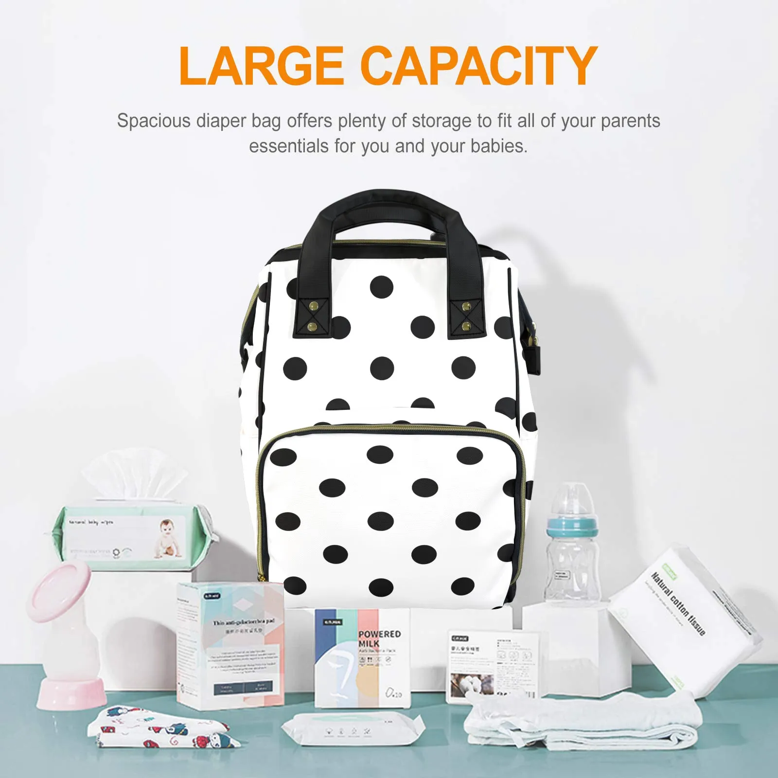 White With Black Polka Dots Multi-Function Diaper Bag