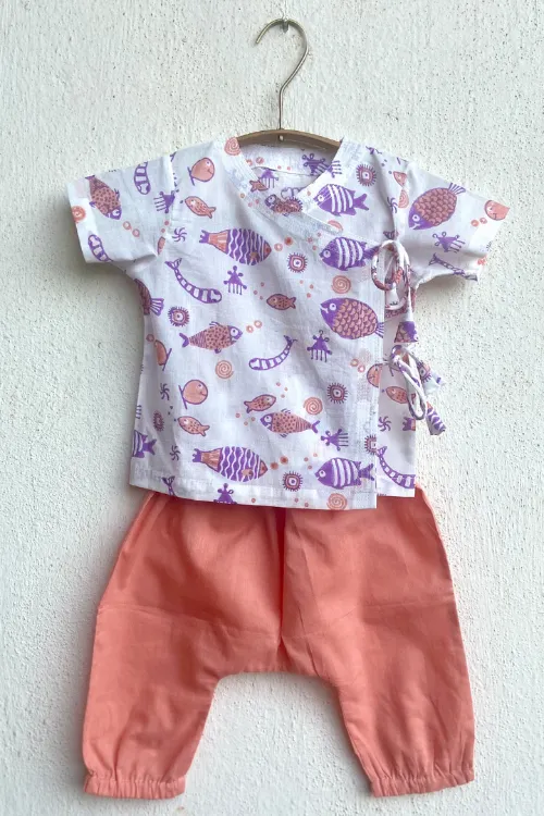 Whitewater Kids Unisex Organic Koi Peach Angrakha Top With Pants