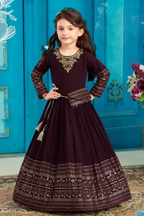 Wine Sequins, Stone and Thread work Long Party Gown for Girls with Matching Designer Bag