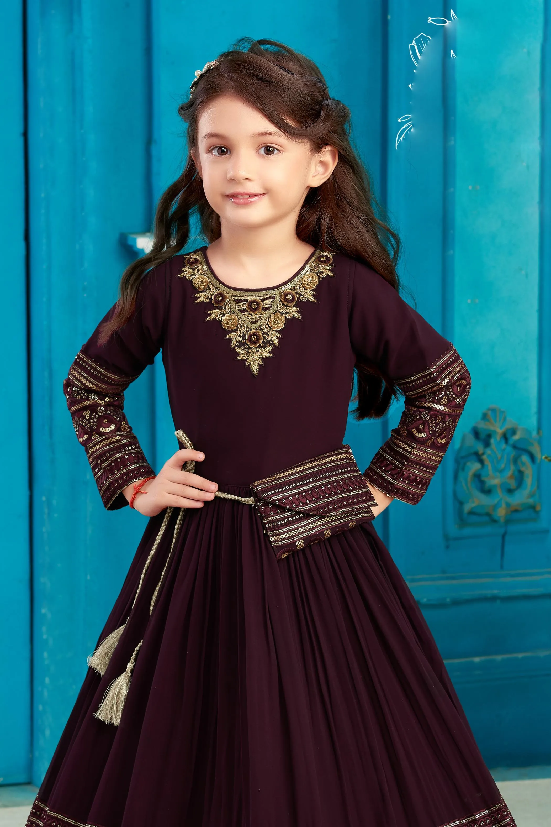 Wine Sequins, Stone and Thread work Long Party Gown for Girls with Matching Designer Bag